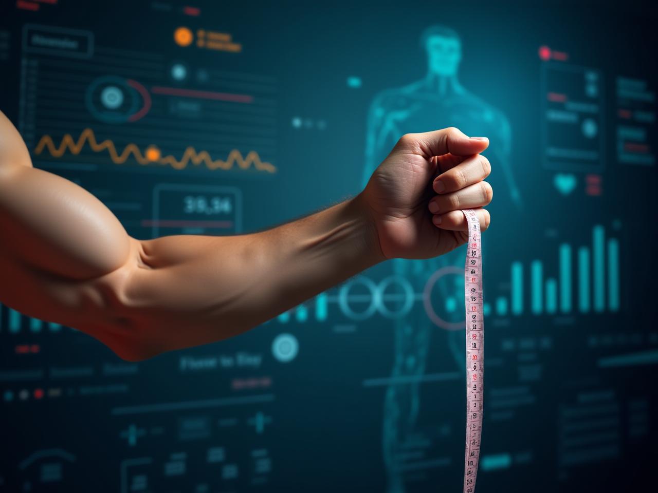A muscular arm holding a measuring tape, with a futuristic background showing data streams and health metrics.