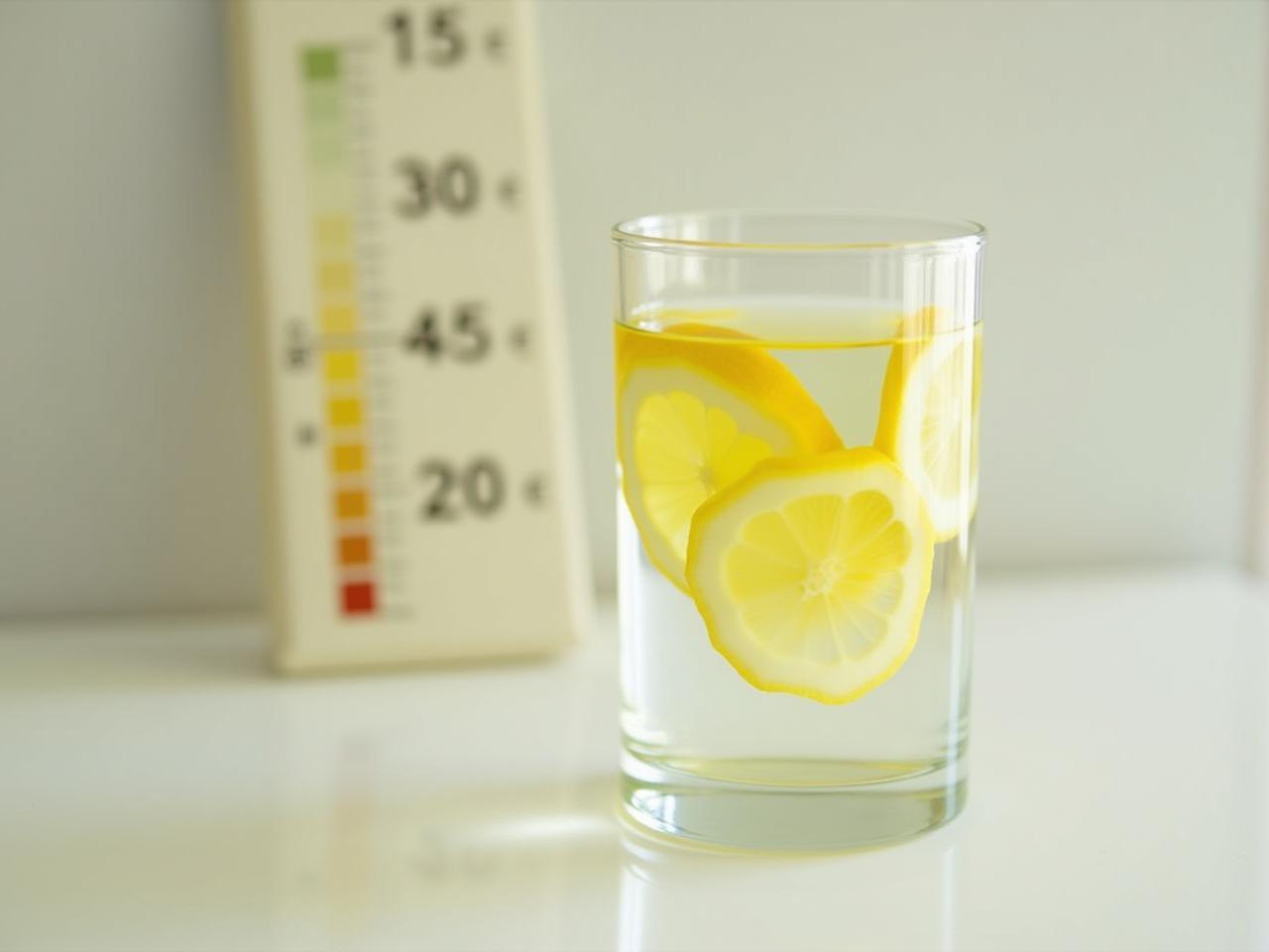 A glass of water with lemon slices, with a scale of pH levels in the background.