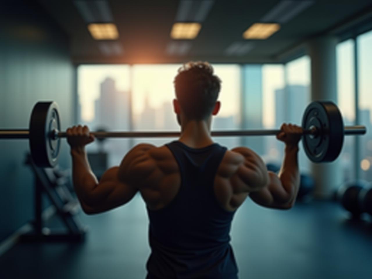 A person lifting weights in a gym, with a cityscape blurred in the background.