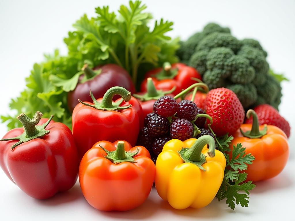 A colorful arrangement of fruits and vegetables, symbolizing a balanced diet rich in antioxidants.