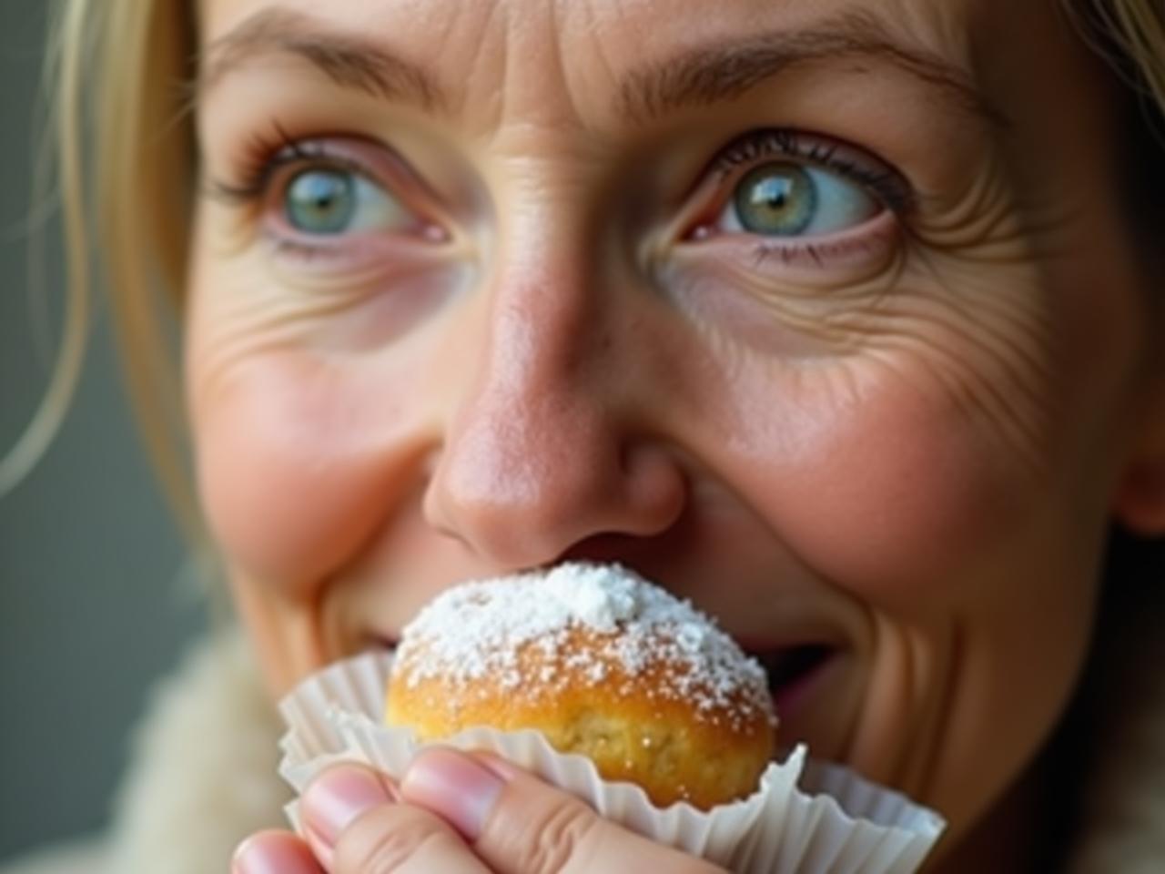 Close-up of a persons face with fine lines and wrinkles around the eyes, contrasted with a sugary dessert.