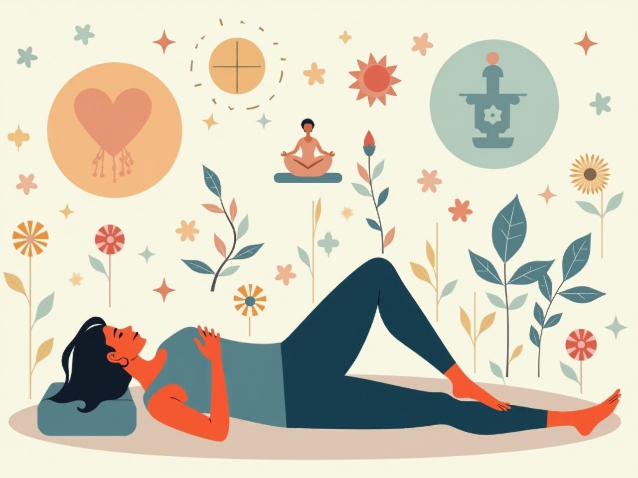 A person lying down in a relaxed yoga pose, surrounded by calming colors and symbols of peace and meditation.