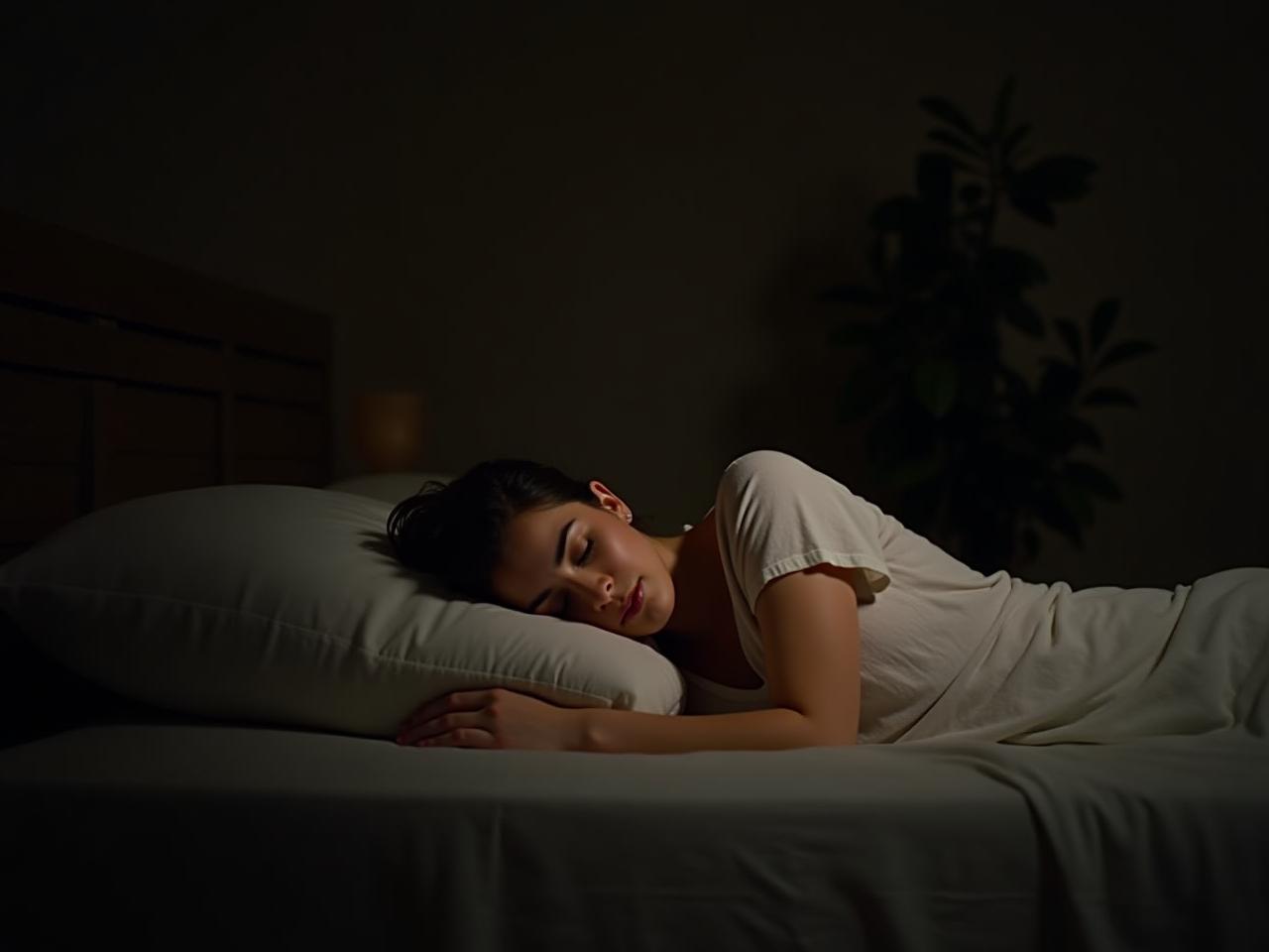 Woman sleeping peacefully in a dark room with soft lighting, surrounded by natural elements like plants and wood.