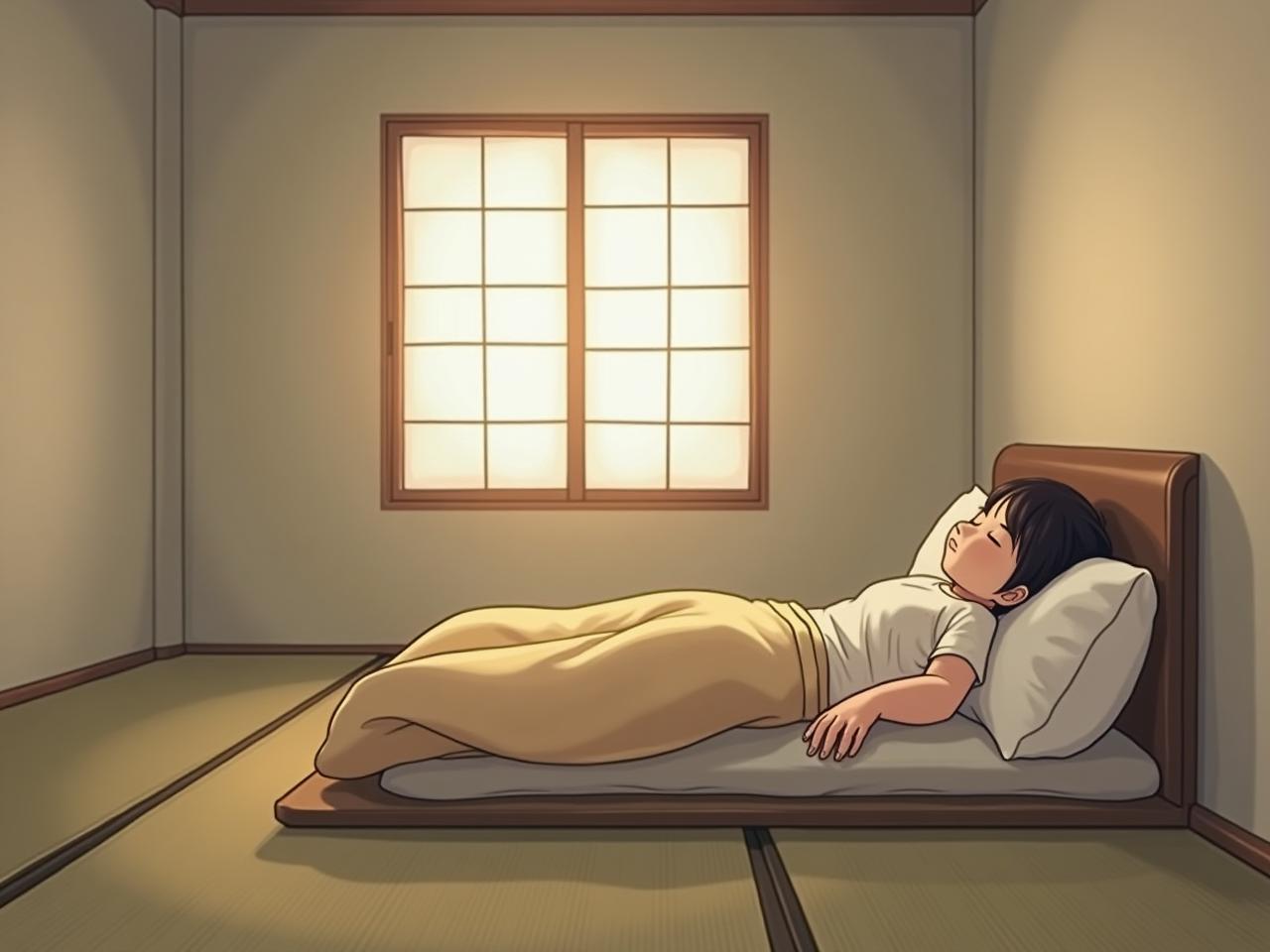 A person sleeping peacefully on a futon in a minimalist Japanese-style bedroom.