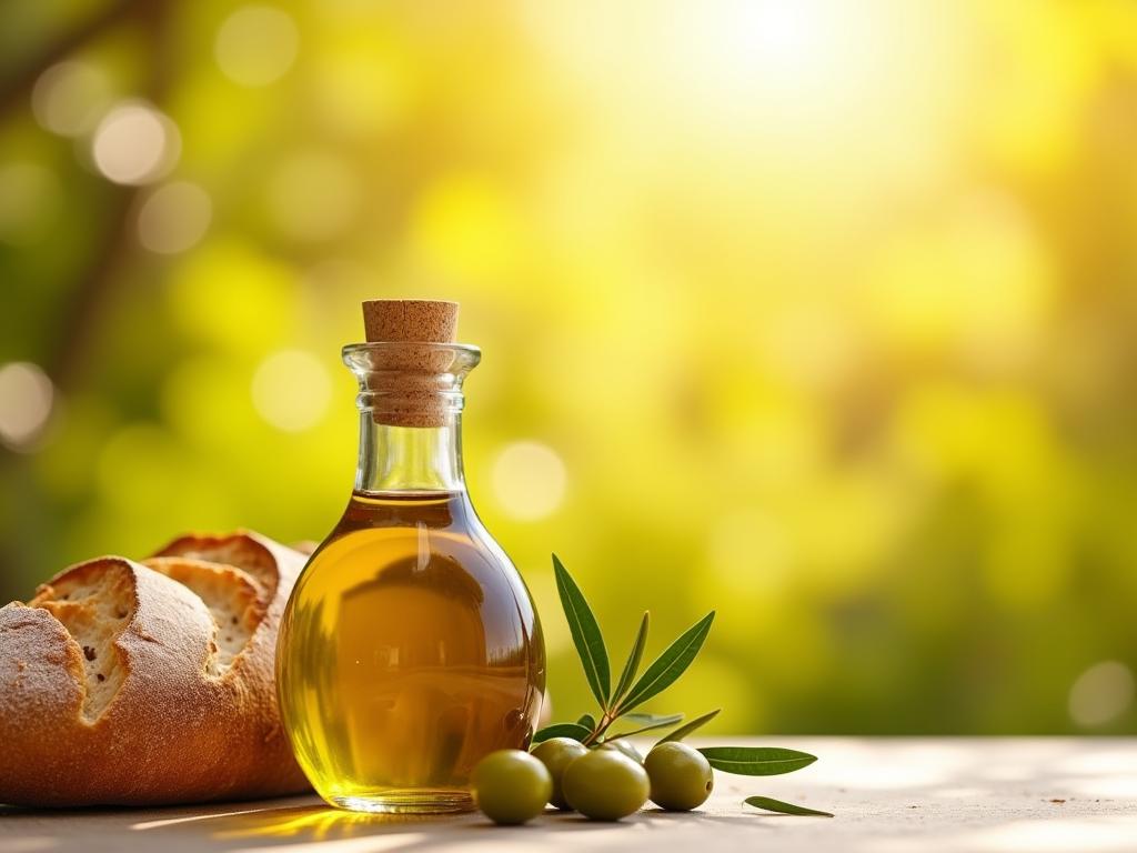 A bottle of extra virgin olive oil next to olives and fresh bread, with a sunny Mediterranean background.