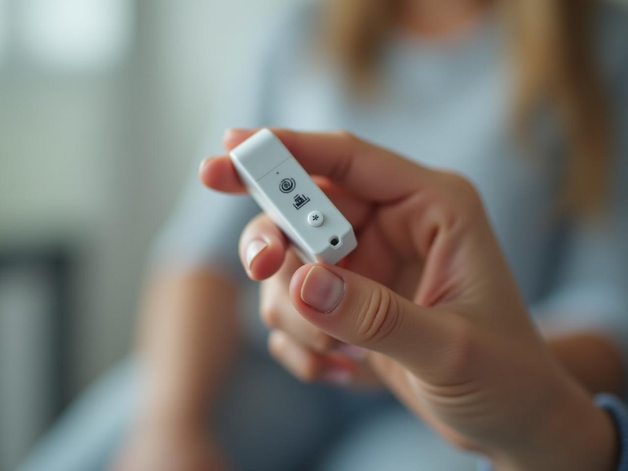 A close-up of a finger with a pulse oximeter attached, with a slightly blurred background showing a person in a calm setting.