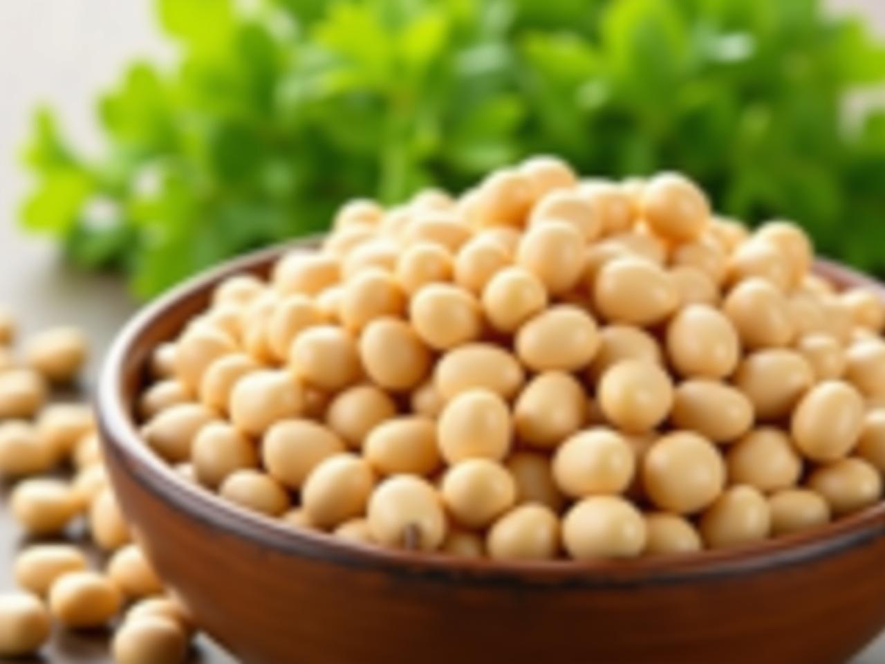 Close-up of soybeans in a bowl, with a green soy plant in the background, representing the natural and nutritious aspects of soy.