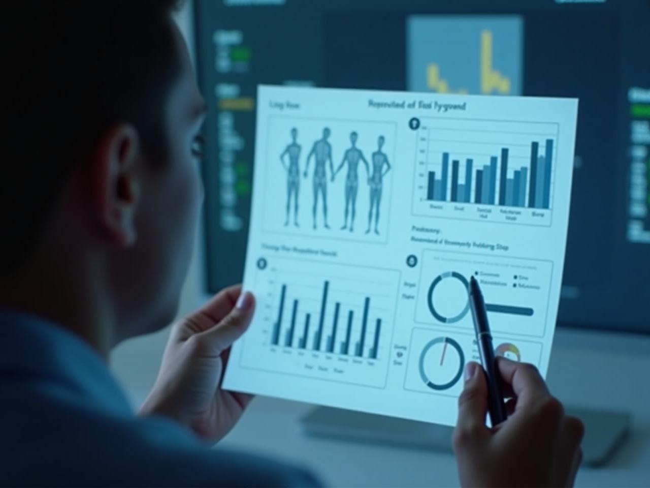 A person looking at a health report with various charts and graphs, representing the results of a full body scan.