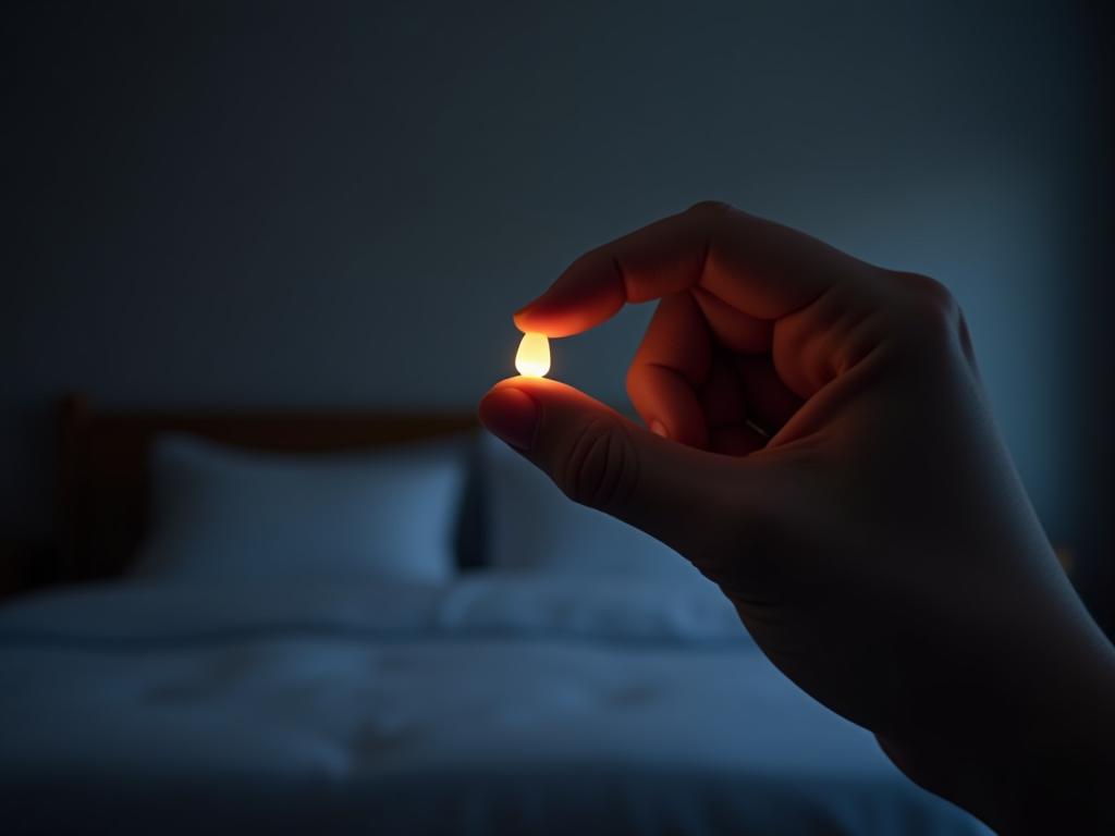 A hand holding a small melatonin pill with a blurred background of a bedroom at night.