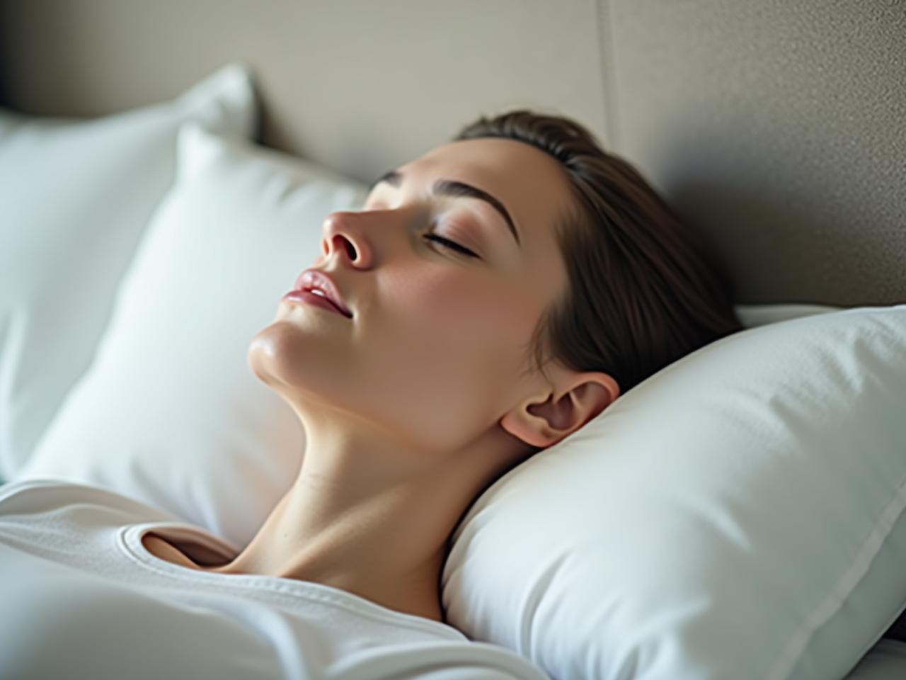 A person sleeping peacefully on a comfortable pillow, with a focus on the alignment of the neck and spine.
