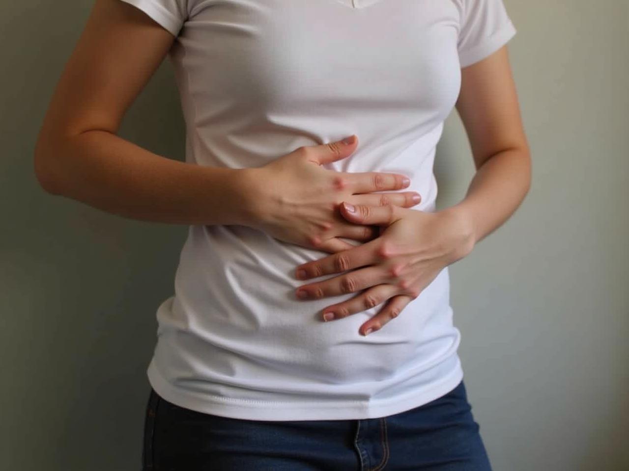 A person practicing diaphragmatic breathing, hand on their stomach.