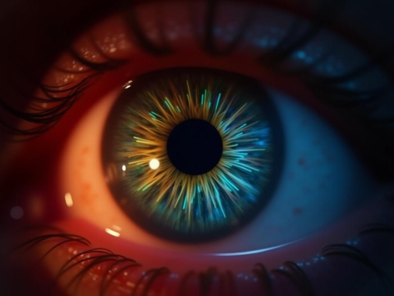 A close-up of a human retina with colorful data overlays highlighting key health indicators.
