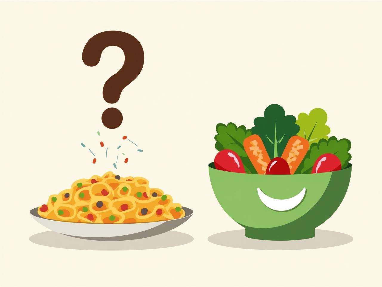 A plate of pasta with a question mark hovering above it, contrasted with a healthy salad with a happy face.