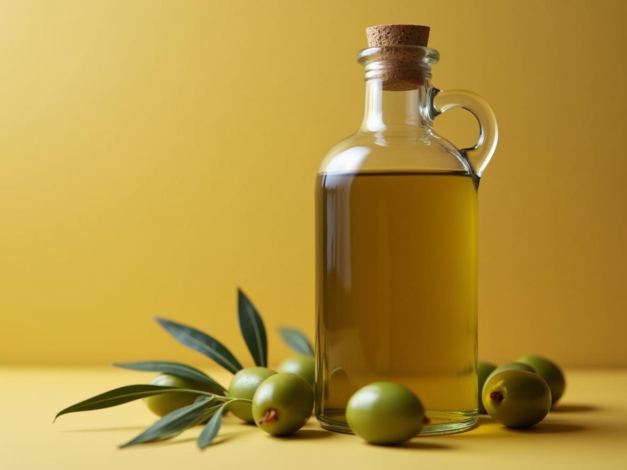 A bottle of extra virgin olive oil with olives in the background.