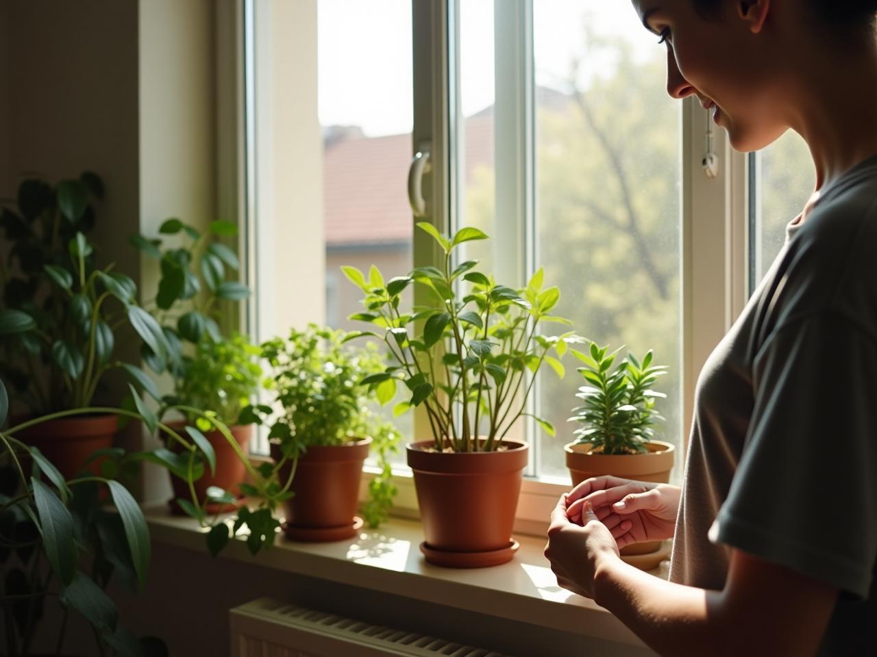 A person tending to their indoor plants in a sunny apartment.