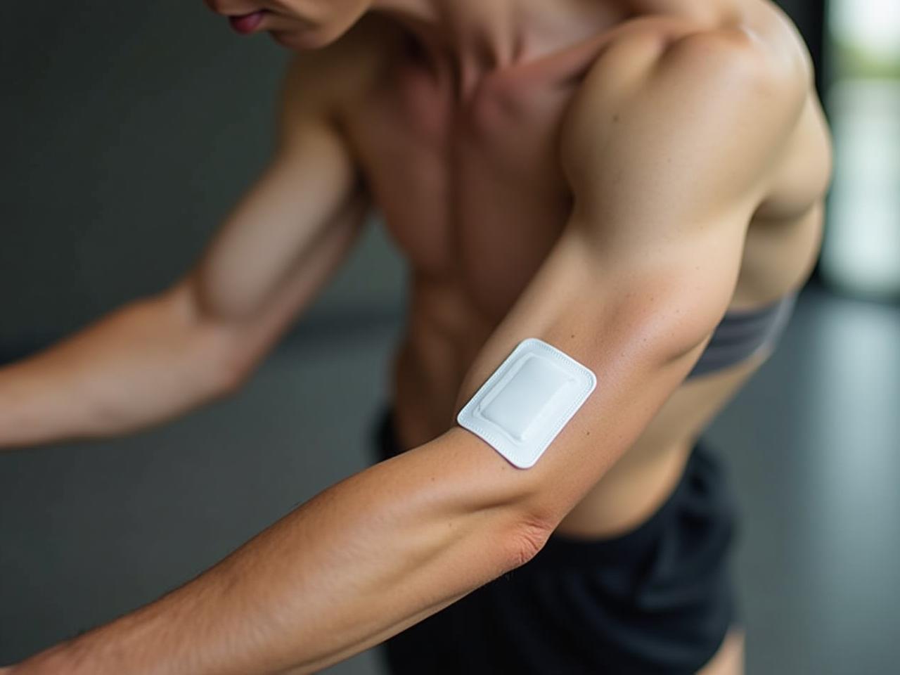 A person wearing a biosensor patch while working out, symbolizing the connection between technology and personal health monitoring.