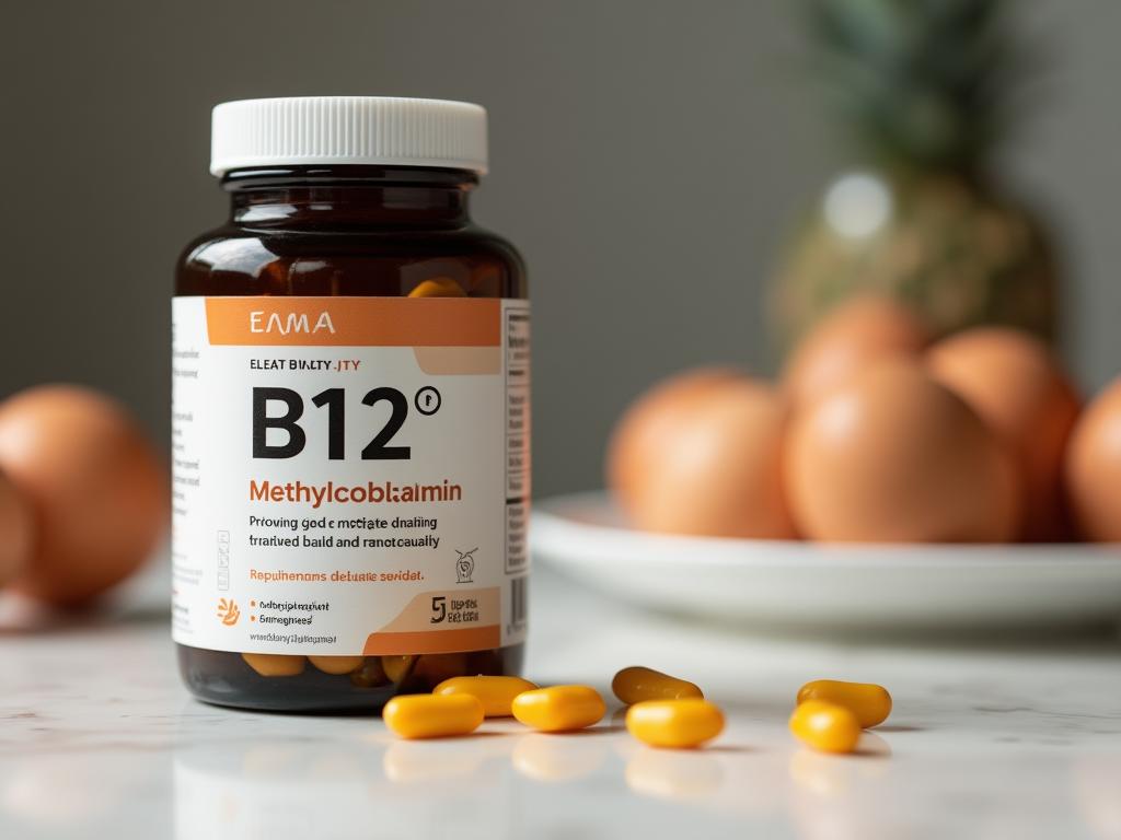 Close-up of B12 supplement bottle with text emphasizing Methylcobalamin, on a kitchen counter with eggs in the background.