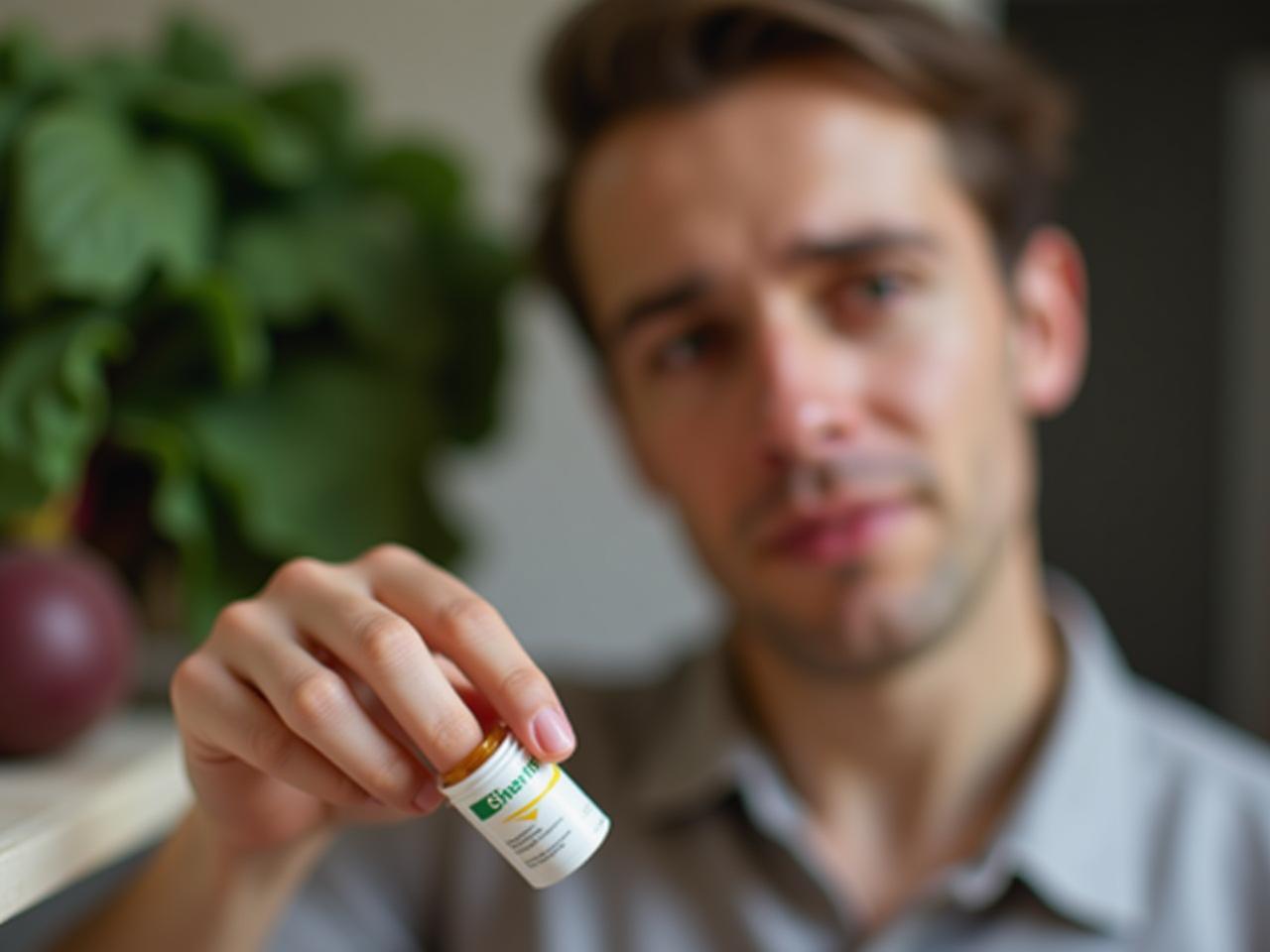 A person looking tired and holding a pill bottle. The background is blurred and shows healthy food like spinach and beetroot.