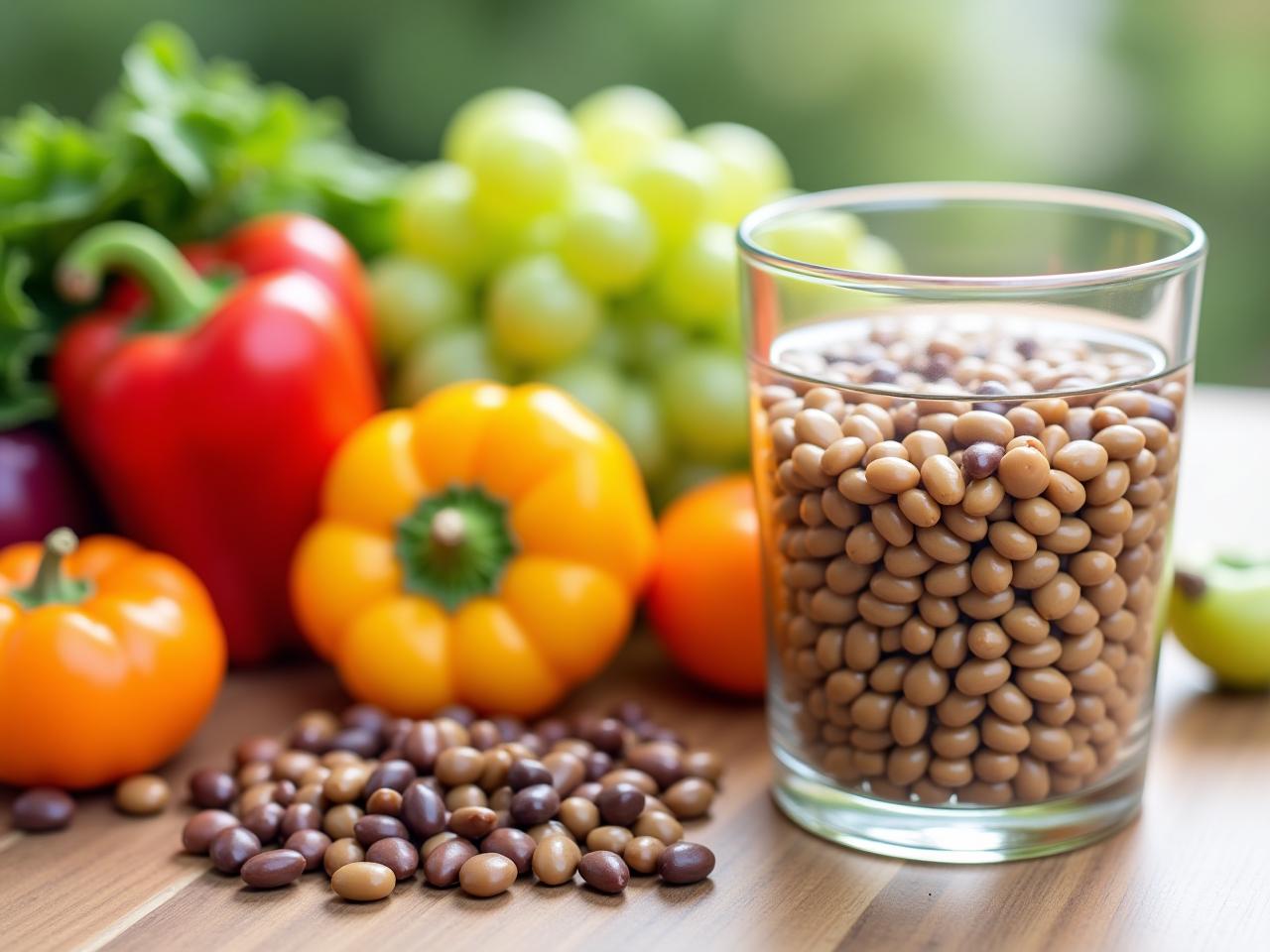 A variety of colorful foods known for their health benefits, alongside a glass of water with soaking legumes, illustrating the concept of reducing anti-nutrients through soaking.