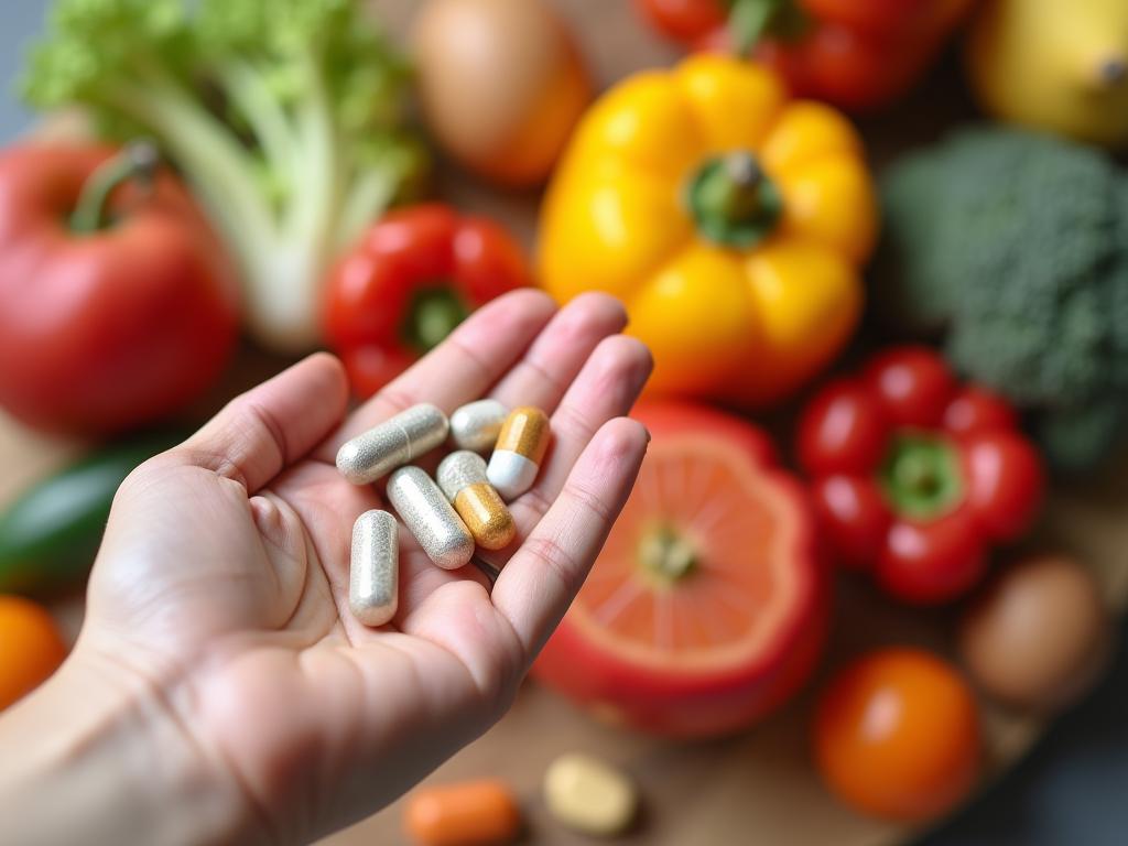 A hand holding zinc supplement pills, with a background showing various healthy foods rich in zinc.