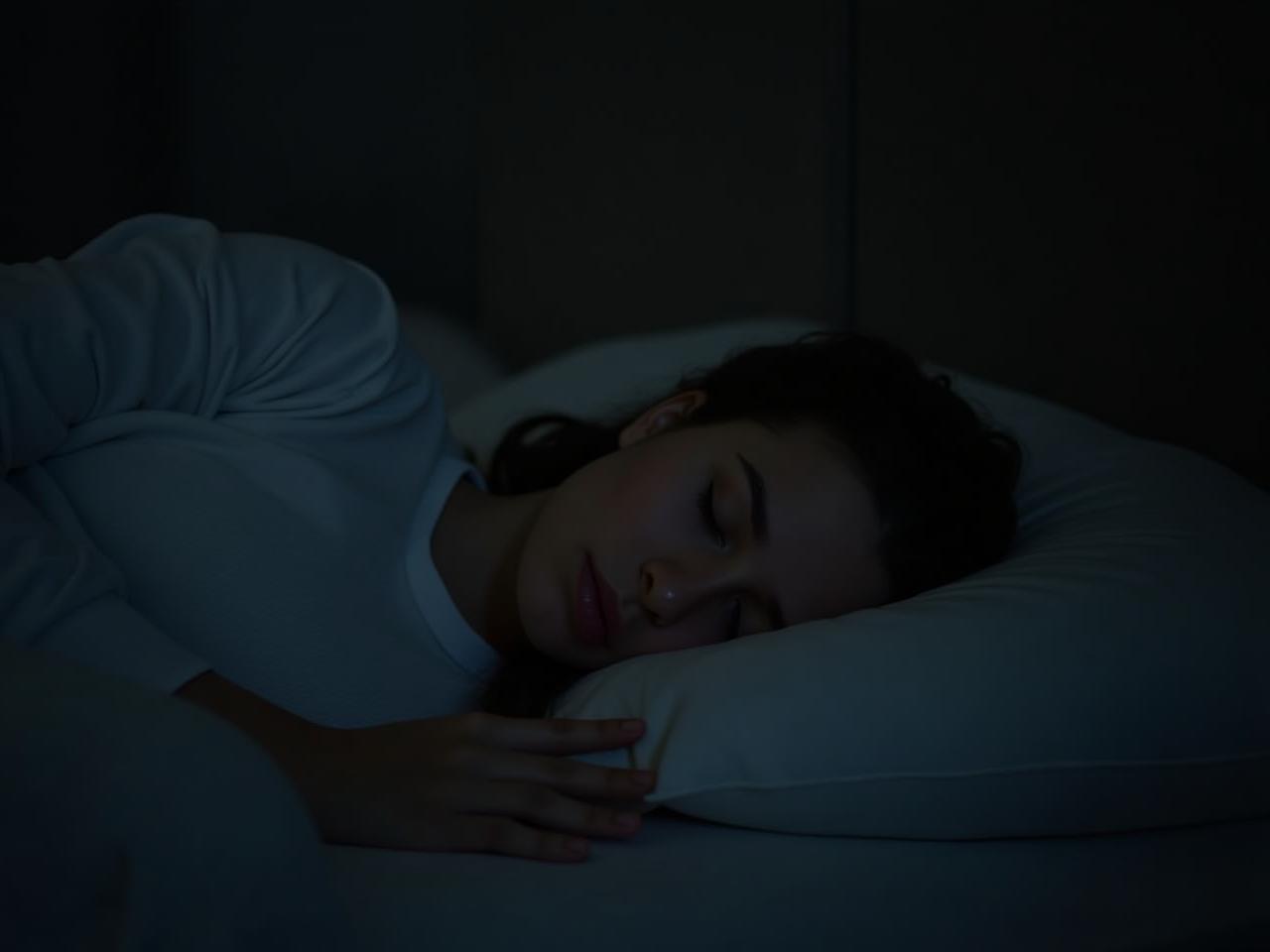 A serene image of a person sleeping peacefully in a dimly lit room, conveying tranquility and rest.