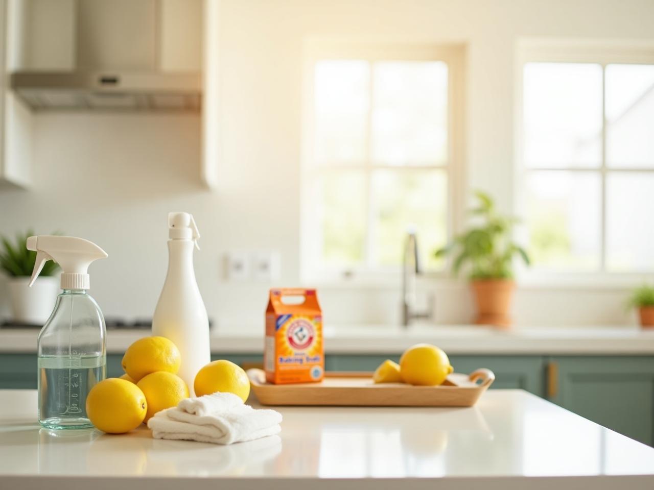A bright and clean kitchen with various cleaning products like lemons, baking soda, and vinegar displayed on the counter.
