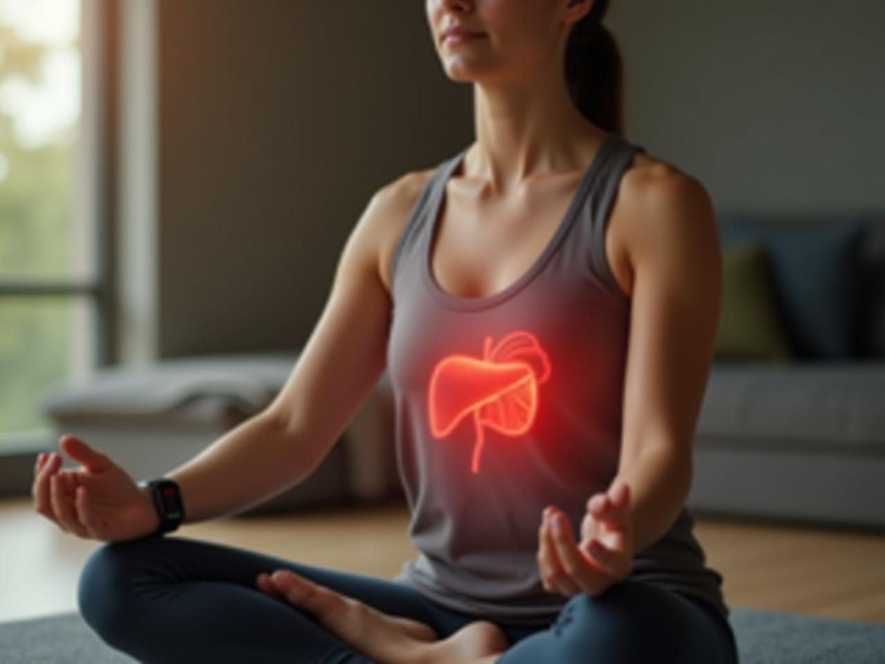 A woman meditating while wearing a smartwatch that monitors her heart rate, with a focus on the liver area of her body.