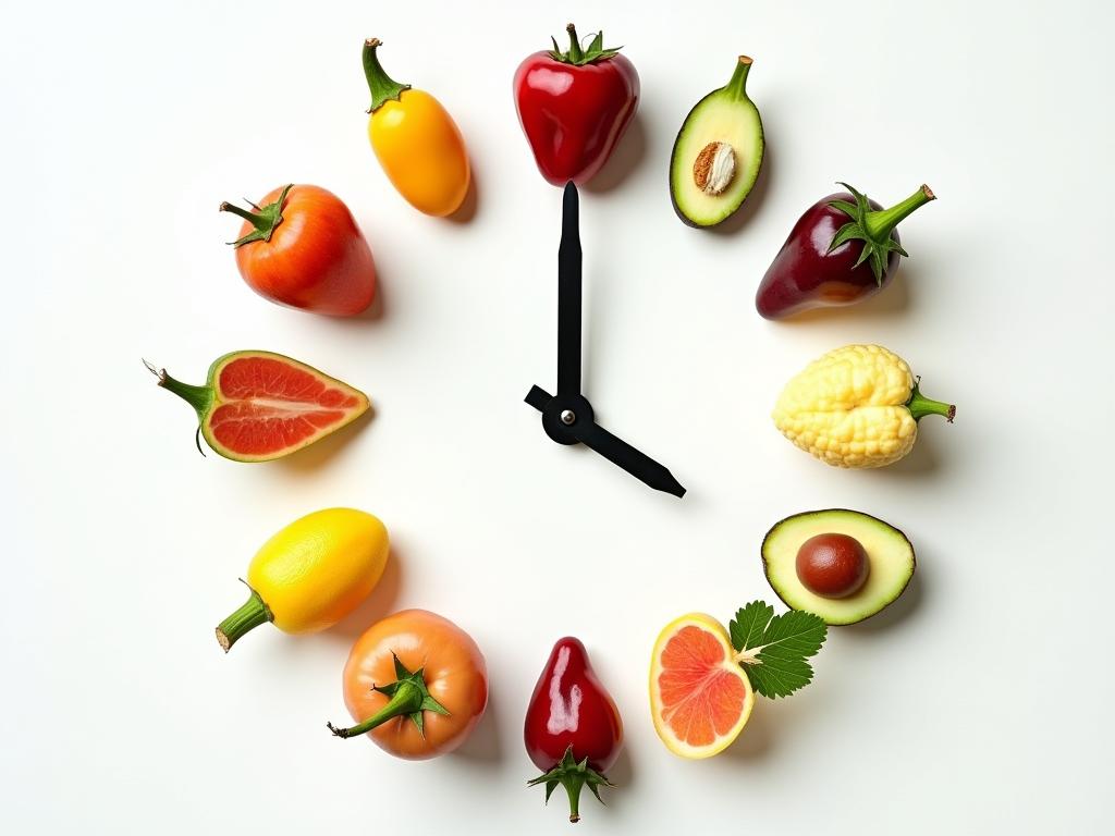 A clock with different foods instead of numbers, symbolizing the concept of eating according to your bodys natural rhythm.