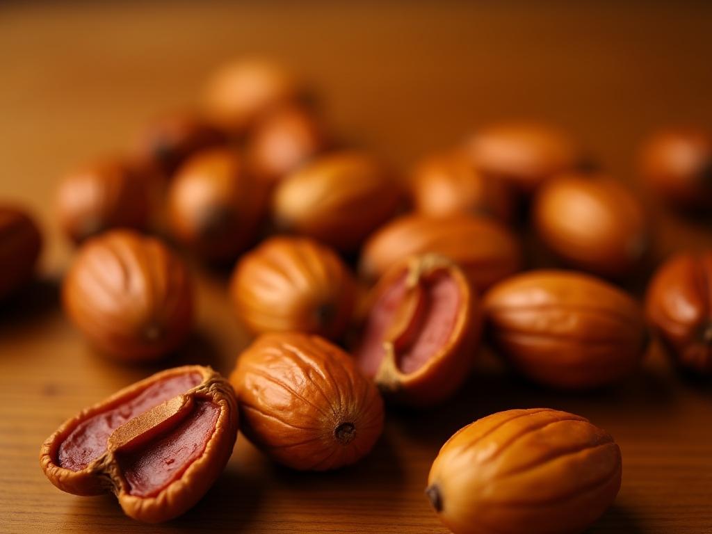 Close up of perfectly roasted nuts with a golden-brown hue, arranged on a wooden surface.