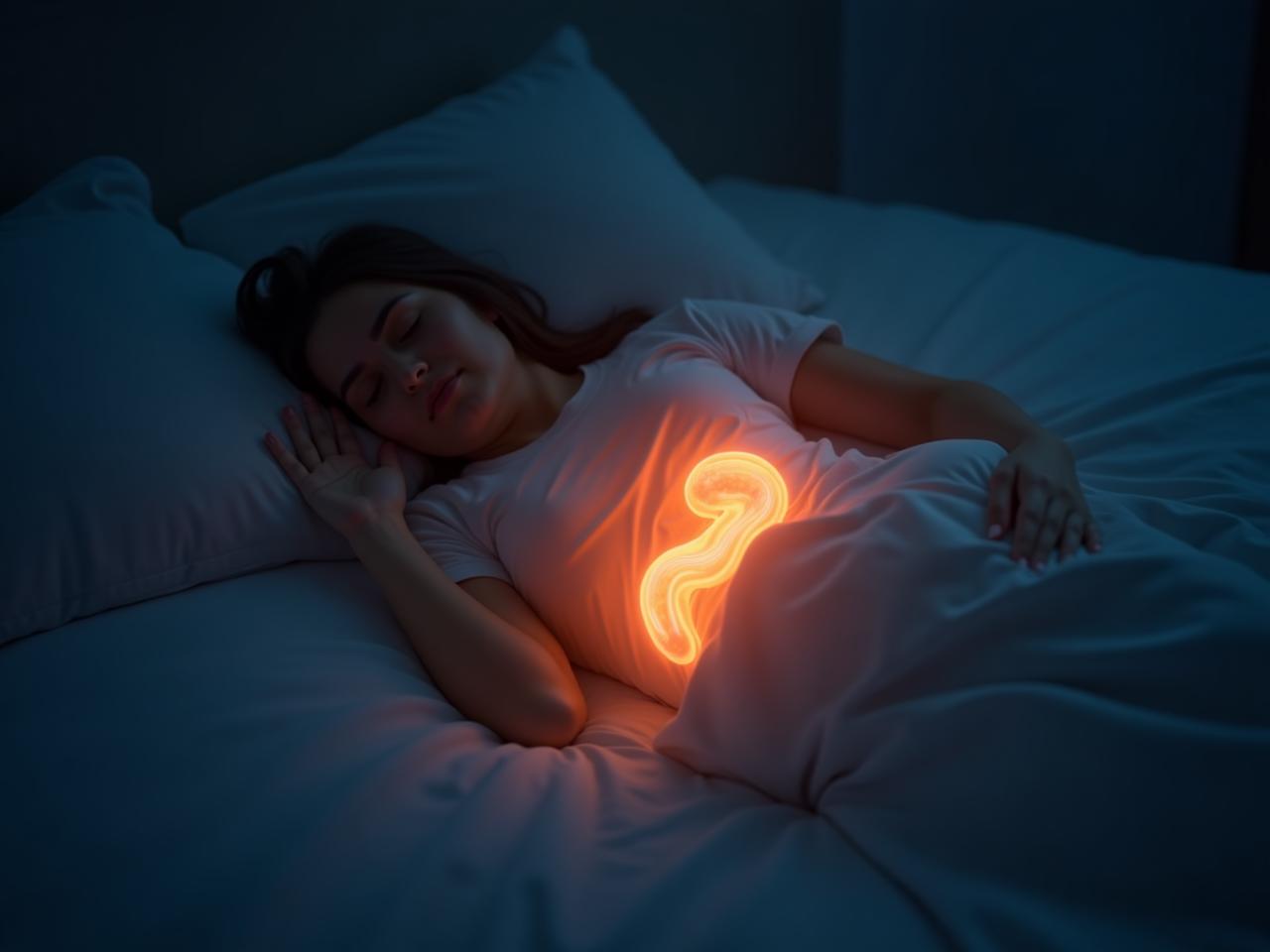 A person sleeping peacefully with a bright glow emanating from their stomach area, symbolizing the connection between gut health and sleep.