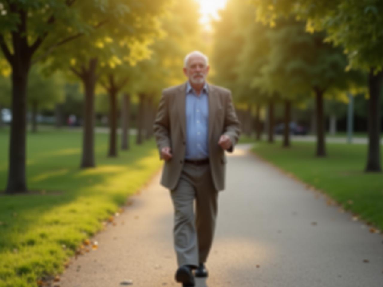 An elderly man walking briskly in a park, showcasing natural movement and vitality.