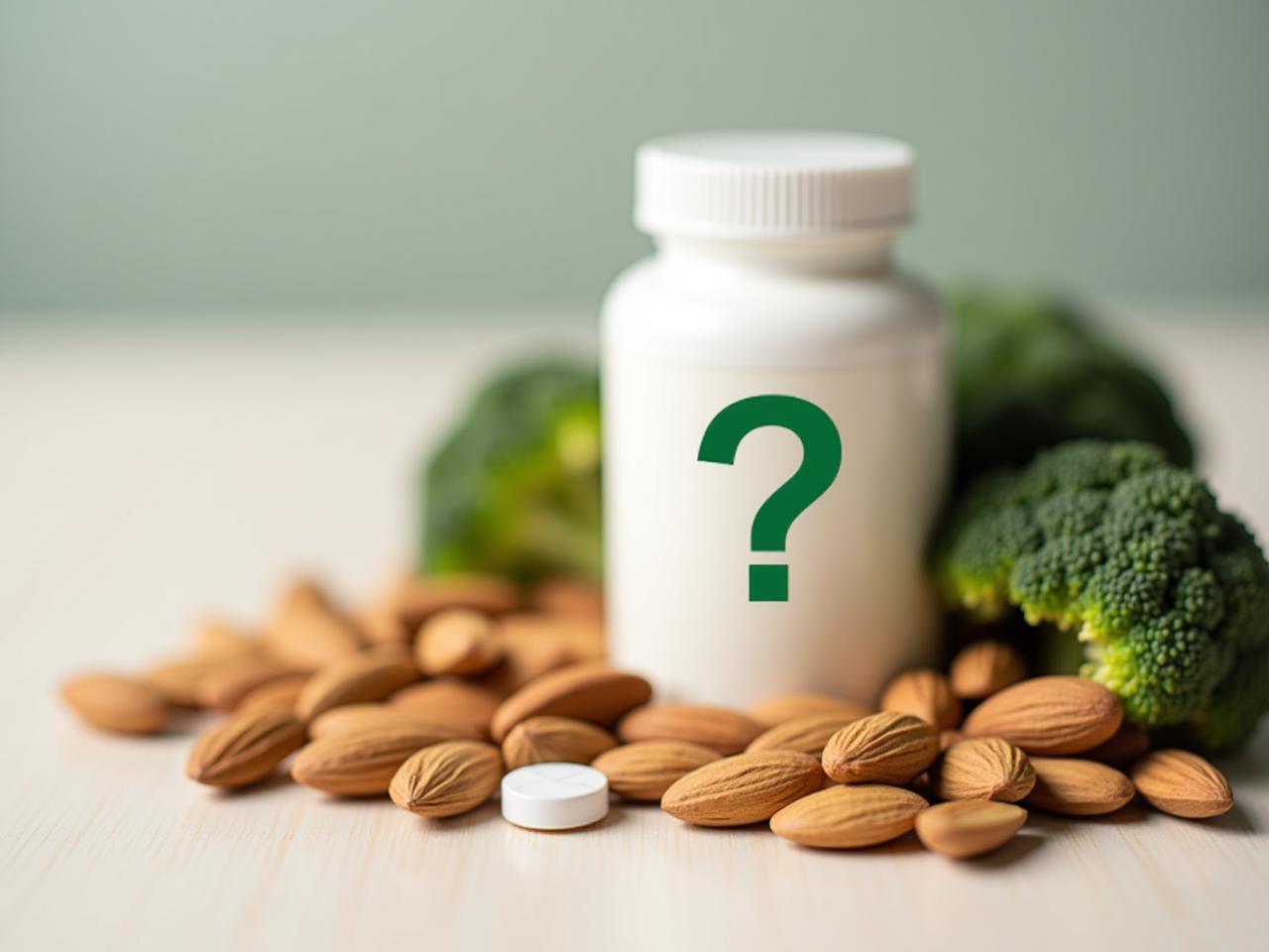 A close-up photo of various calcium-rich foods like yogurt, almonds, and broccoli, arranged next to a bottle of calcium supplements with a question mark overlayed, symbolizing the debate around calcium supplementation.