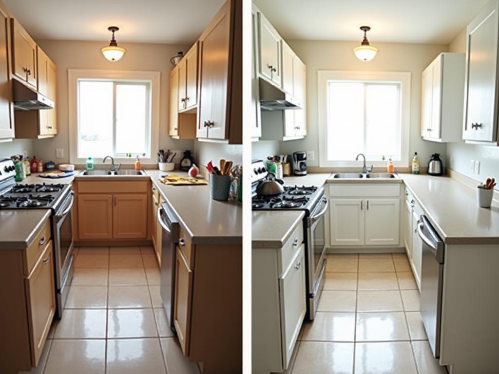 A messy kitchen before and a sparkling clean kitchen after using the tips.
