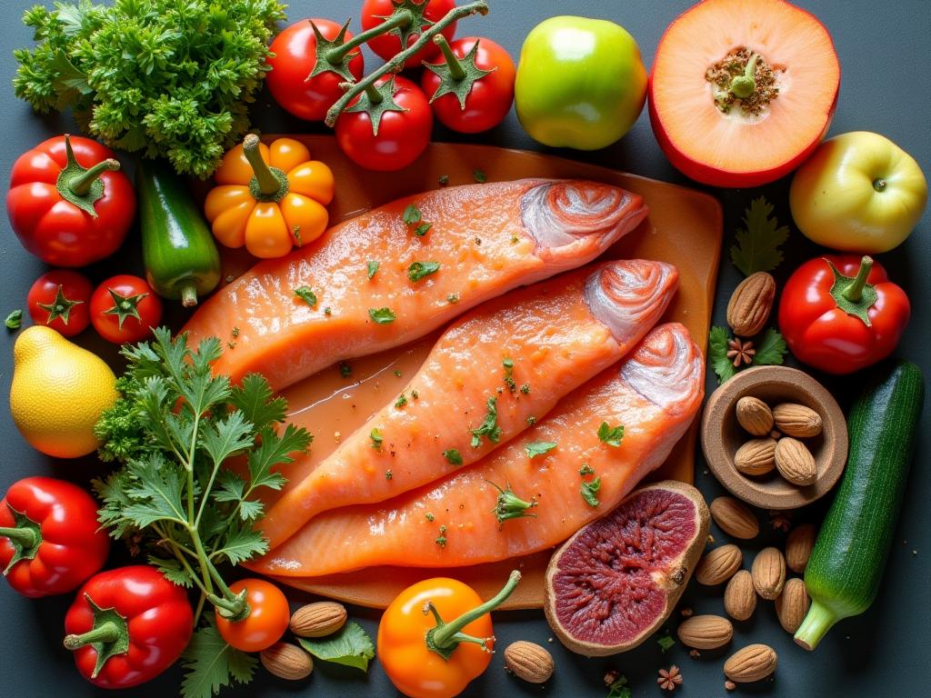 A vibrant image of a variety of colorful and healthy foods, including fruits, vegetables, nuts, and fish, arranged to represent a balanced and anti-aging diet.