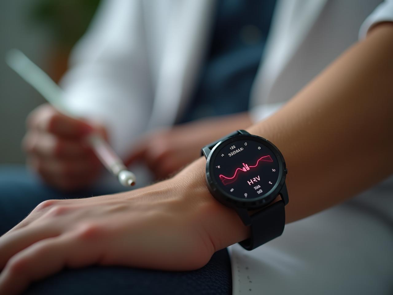 A close-up shot of blood being drawn with a modern smartwatch displaying heart rate variability (HRV) data in the background, suggesting the integration of traditional blood tests with wearable technology for comprehensive health monitoring.