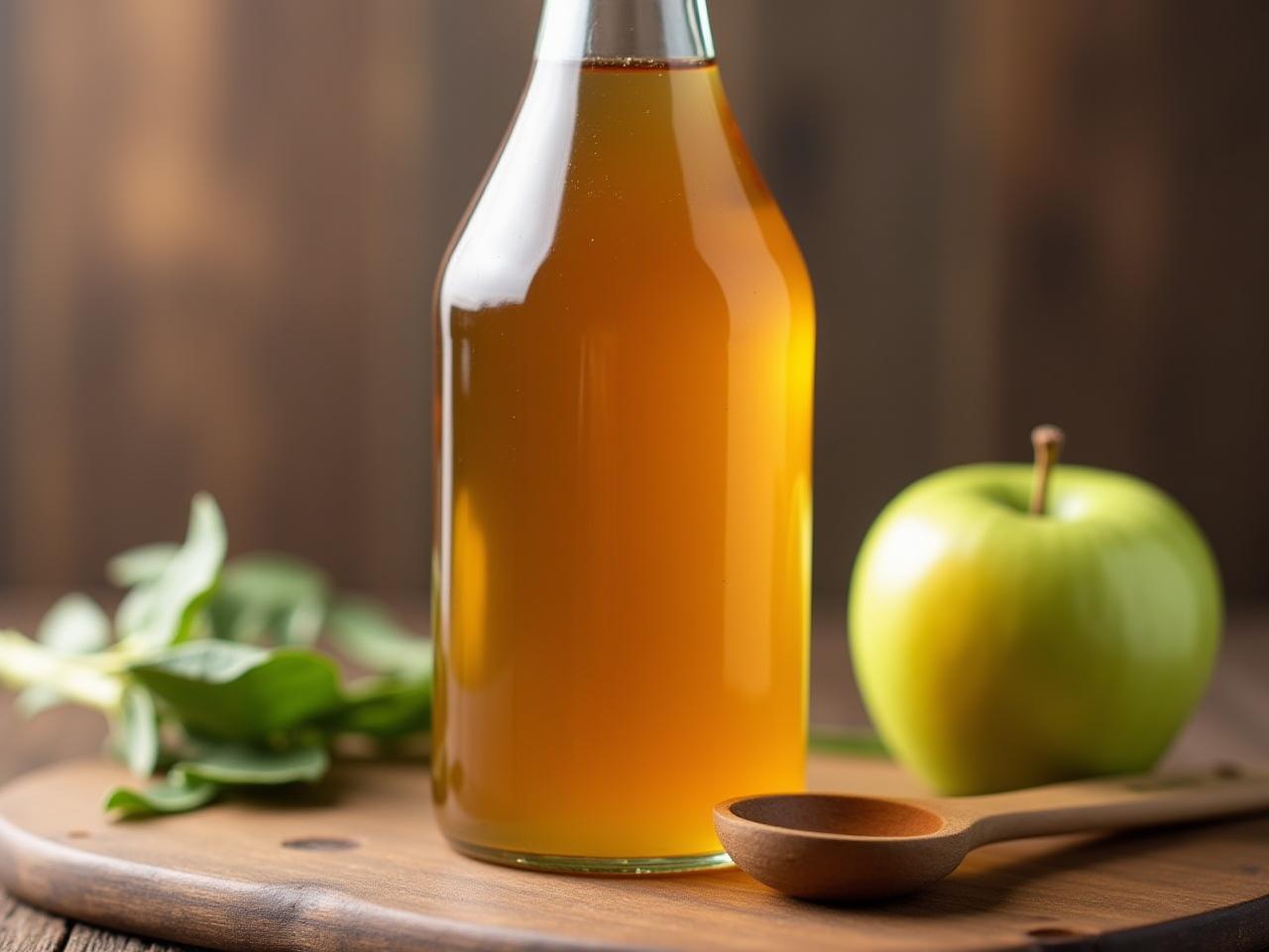A close-up shot of a glass bottle of organic, unfiltered apple cider vinegar with the mother visible, next to a green apple and a measuring spoon. The background is a rustic wooden surface.