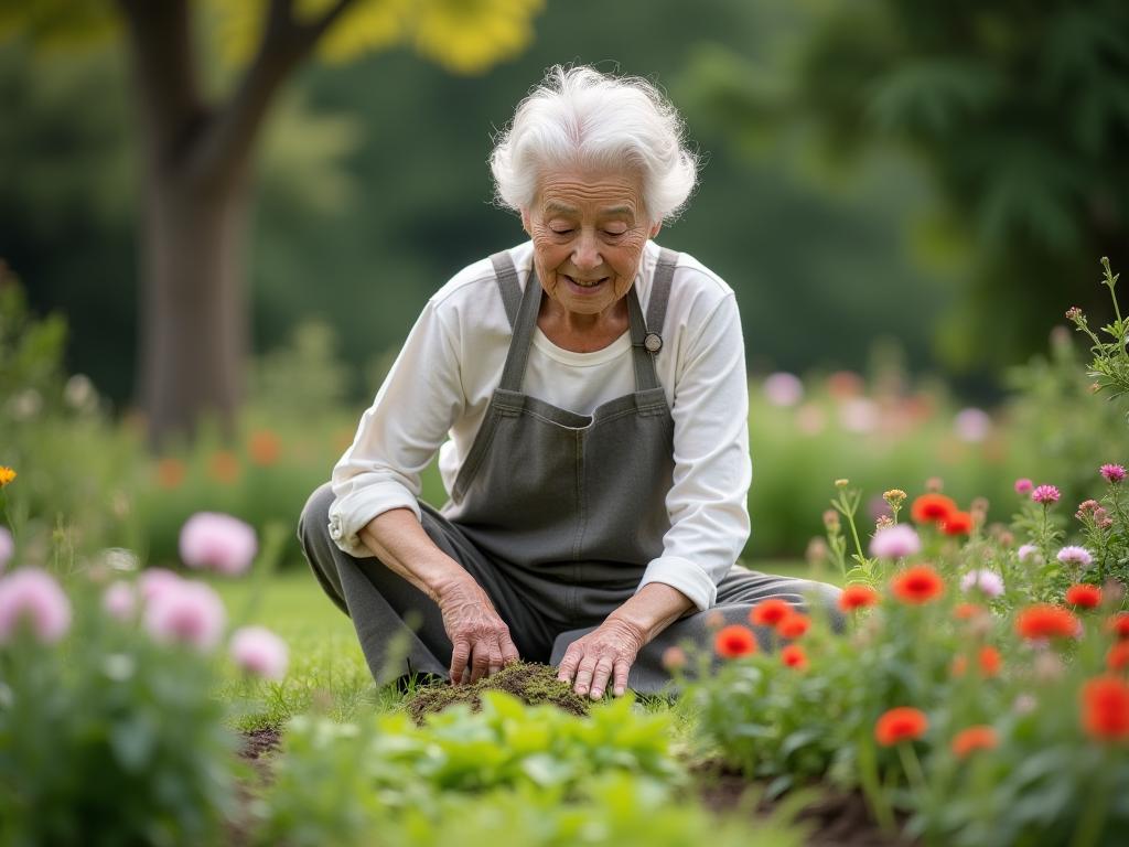 An elderly Japanese woman gardening, symbolizing active and healthy aging.