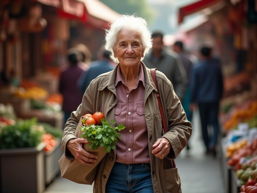 An elderly woman walking with groceries in a bustling market, looking strong and vibrant.