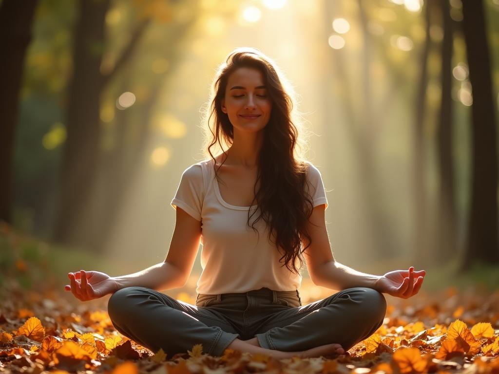 A person sitting in a meditative pose, surrounded by leaves, with a calm expression on their face.
