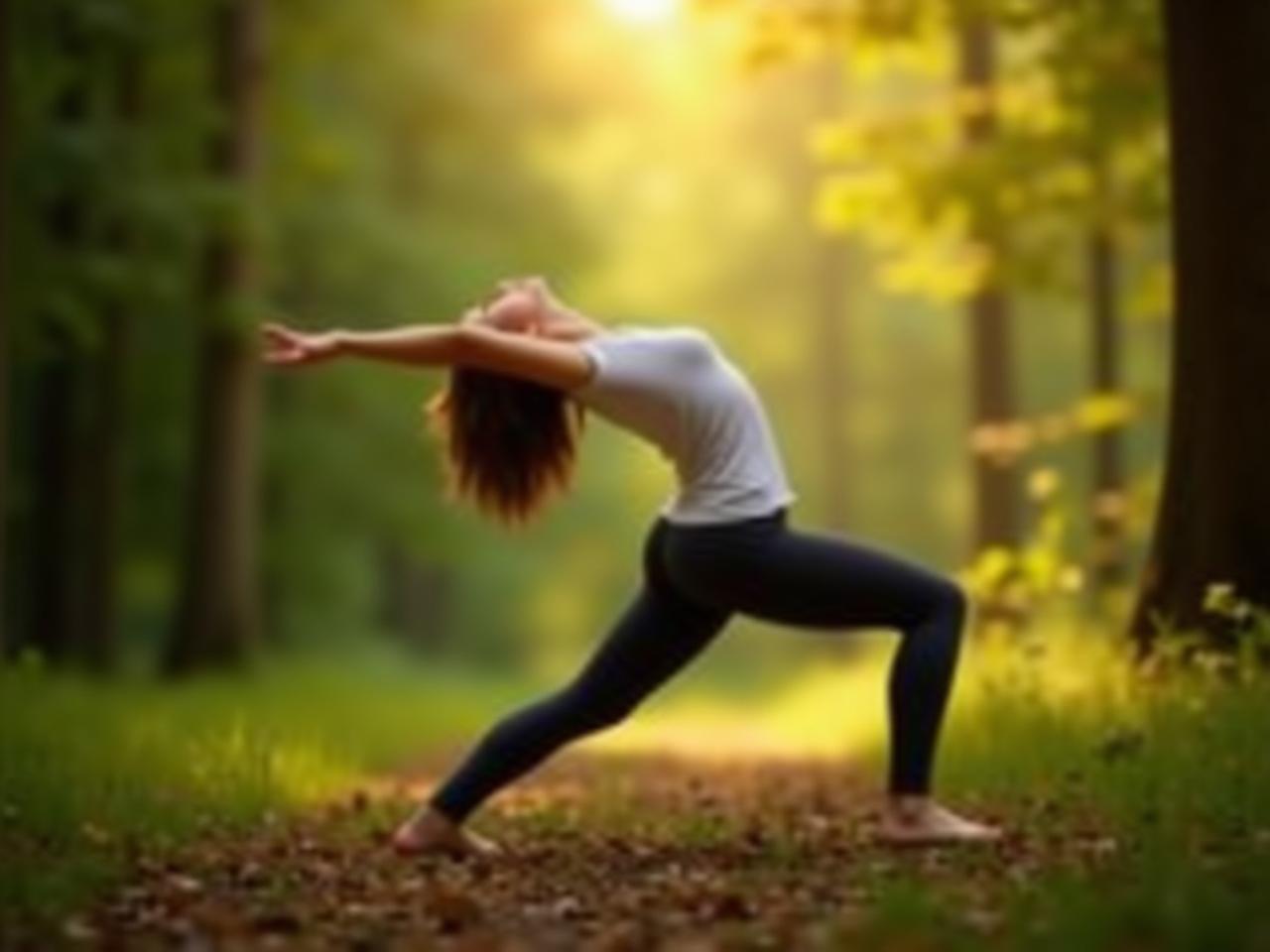 A person stretching in a natural environment, surrounded by trees and sunlight, emphasizing natural movement and connection with nature.