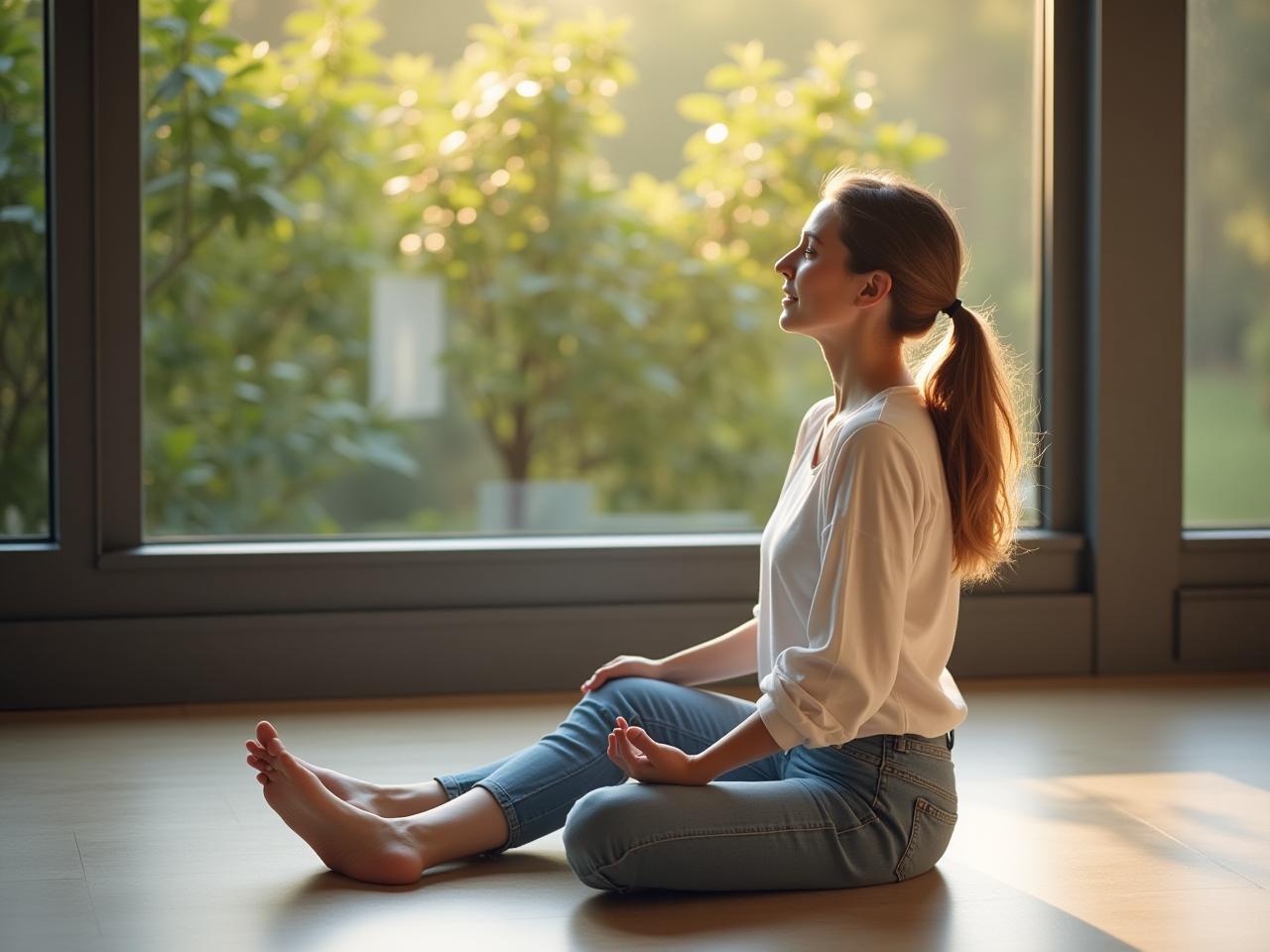 A person sitting on the floor in a natural setting, moving their body freely.