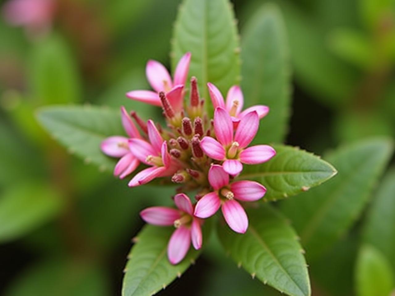 Close-up of Rhodiola rosea plant with pink flowers and green leaves in a natural environment.