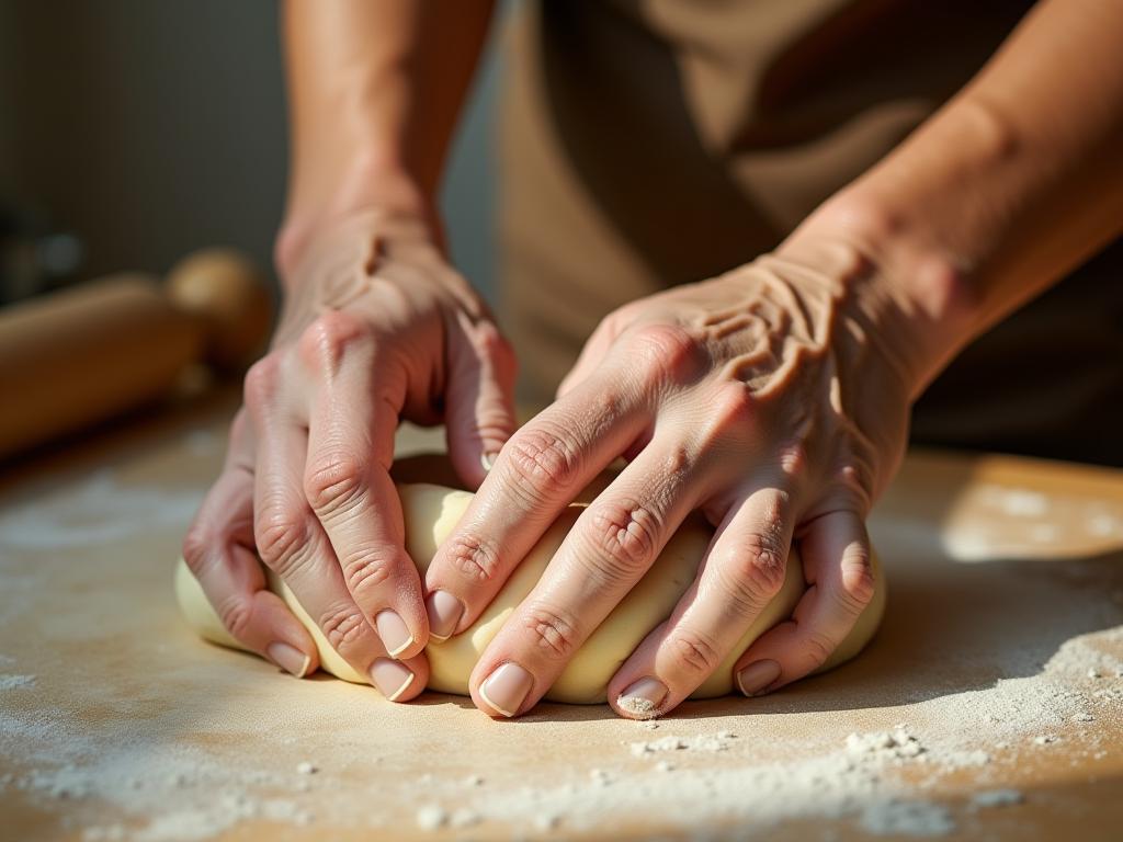 A close-up shot of wrinkled hands kneading dough, with a focus on the texture and fine lines. The background shows a warm, sunlit kitchen with traditional baking tools.