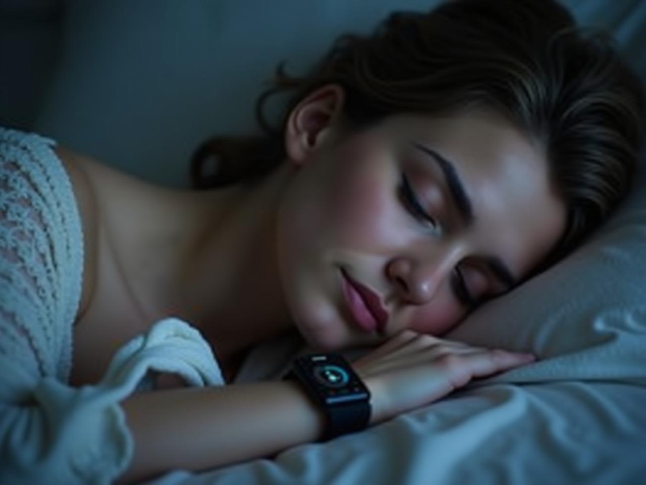 A person sleeping peacefully with a smartwatch on their wrist monitoring their sleep patterns, visualized with data charts and graphs.