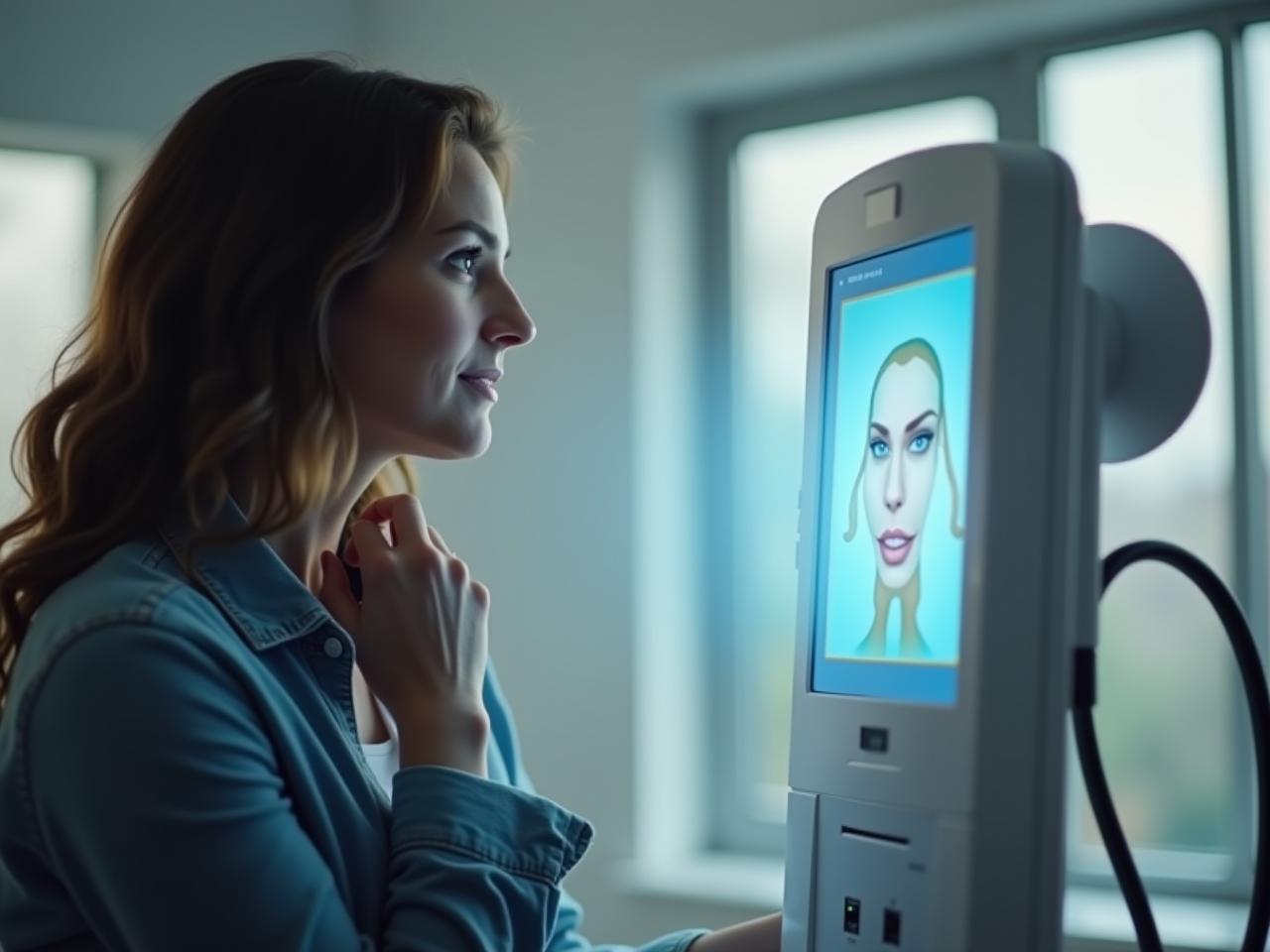 A woman looking at a skin scanner device in a well-lit room, with a focus on the device and her curious expression.