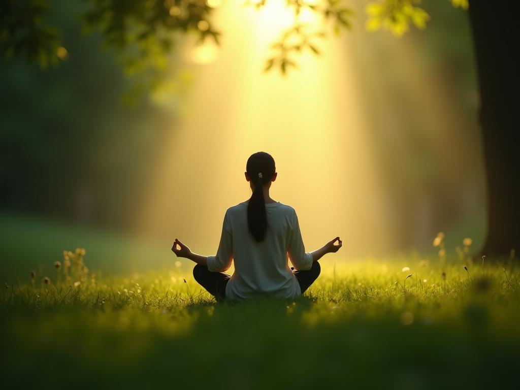 A person meditating in a peaceful nature scene, surrounded by light and greenery.