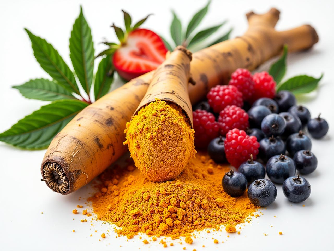 Collage of turmeric root, green tea leaves, and mixed berries, representing superfoods for anti-aging.