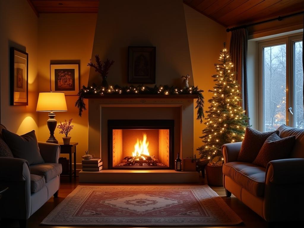A cozy living room with a fireplace and warm lighting, illustrating the feeling of a warm home in winter.