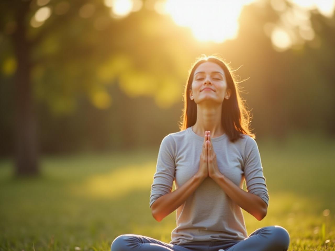 A person meditating outdoors, focusing on their breath.