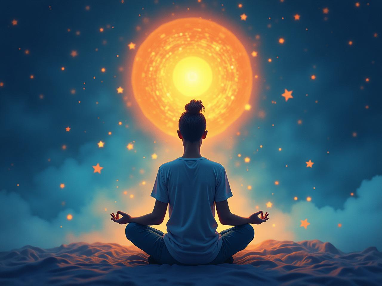 A person meditating peacefully before sleep, surrounded by calming colors and symbols.